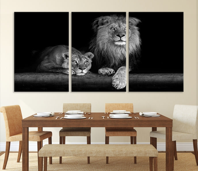 Lion Family Black and White Animal Portrait Canvas Wall Art Giclee Print