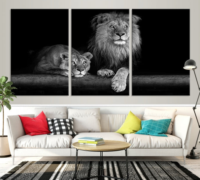 Lion Family Black and White Animal Portrait Canvas Wall Art Giclee Print