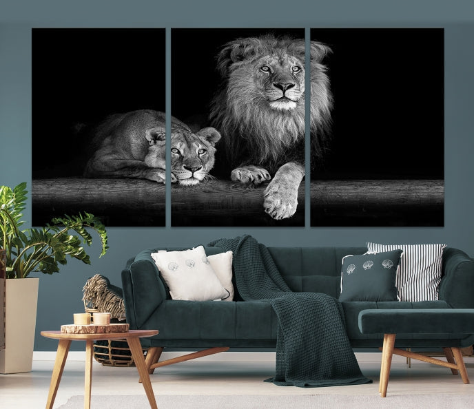 Lion Family Black and White Animal Portrait Canvas Wall Art Giclee Print