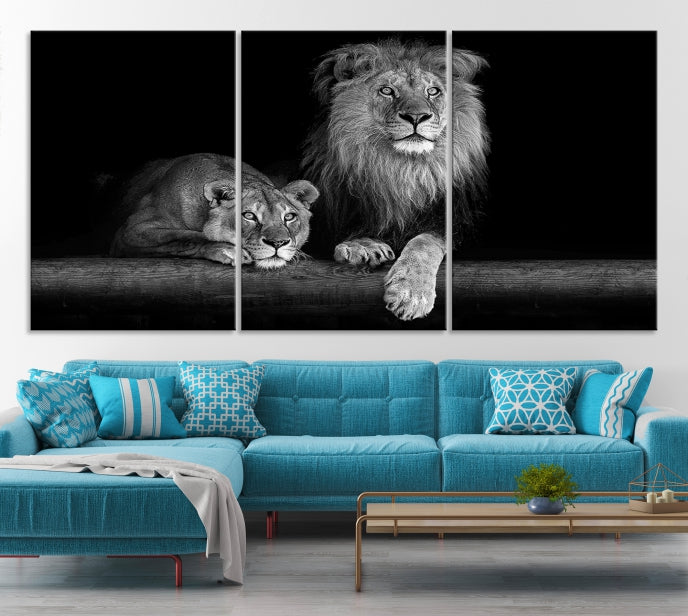 Lion Family Black and White Animal Portrait Canvas Wall Art Giclee Print