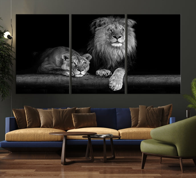 Lion Family Black and White Animal Portrait Canvas Wall Art Giclee Print