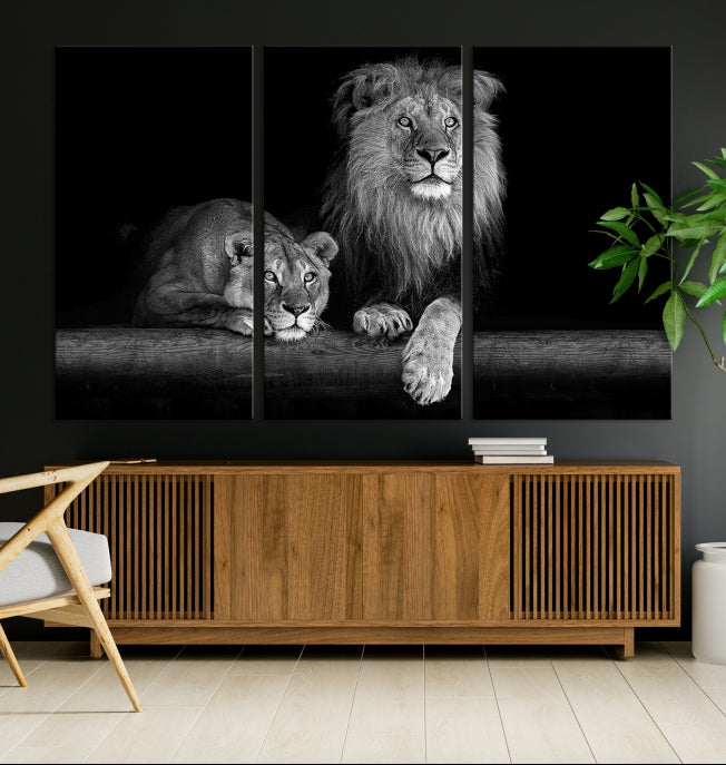 Lion Family Black and White Animal Portrait Canvas Wall Art Giclee Print