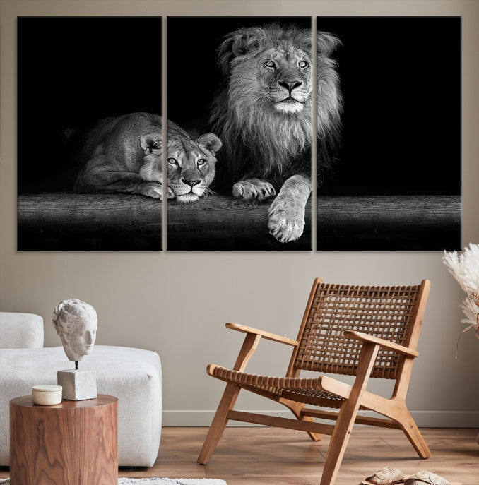 Lion Family Black and White Animal Portrait Canvas Wall Art Giclee Print