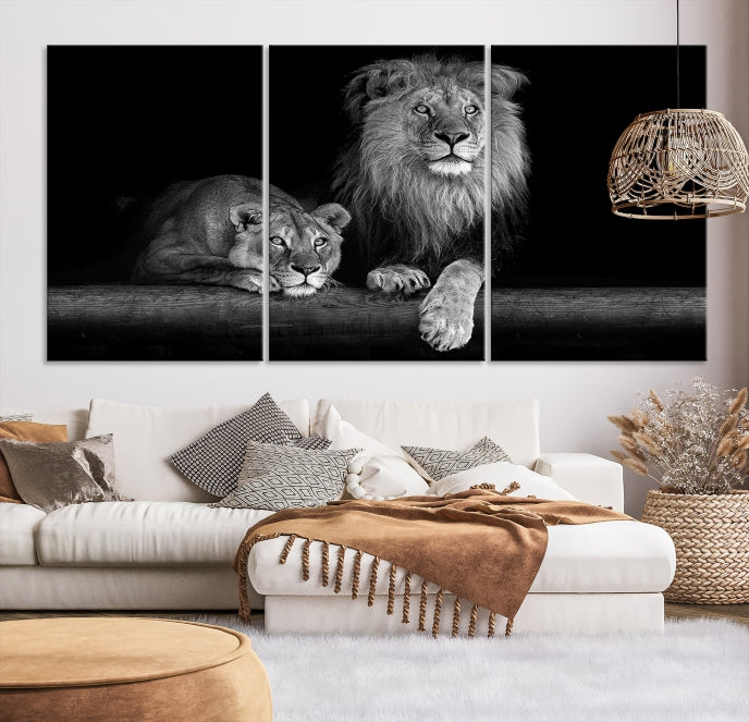 Lion Family Black and White Animal Portrait Canvas Wall Art Giclee Print