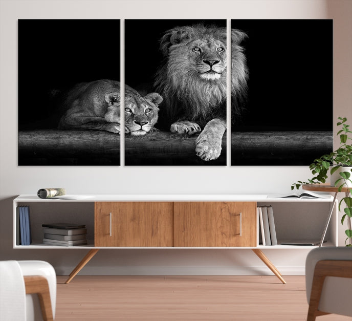 Lion Family Black and White Animal Portrait Canvas Wall Art Giclee Print