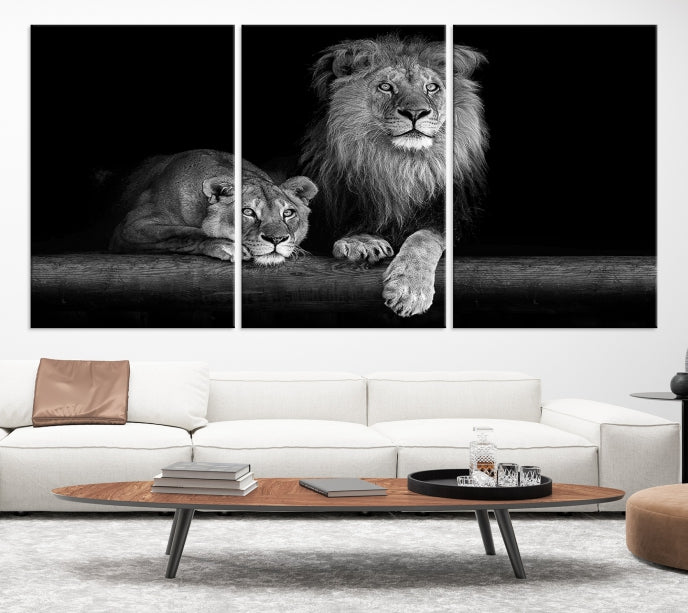 Lion Family Black and White Animal Portrait Canvas Wall Art Giclee Print