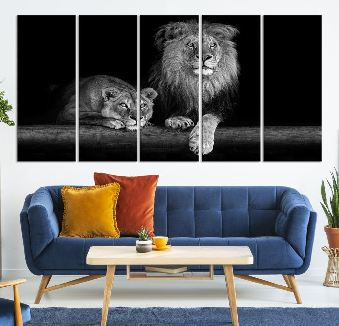 Lion Family Black and White Animal Portrait Canvas Wall Art Giclee Print