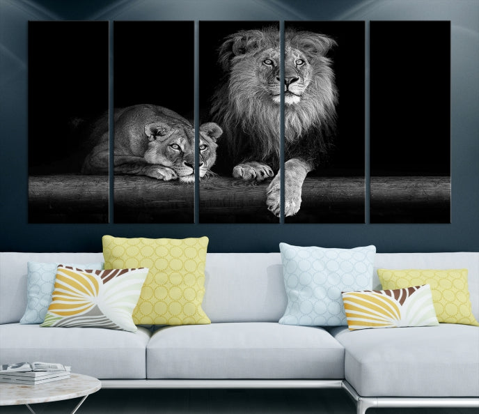 Lion Family Black and White Animal Portrait Canvas Wall Art Giclee Print