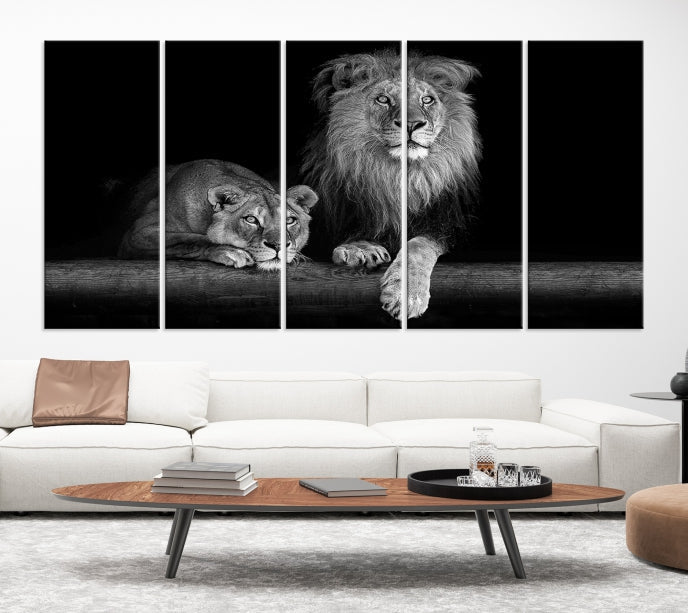 Lion Family Black and White Animal Portrait Canvas Wall Art Giclee Print