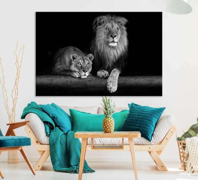 Lion Family Black and White Animal Portrait Canvas Wall Art Giclee Print