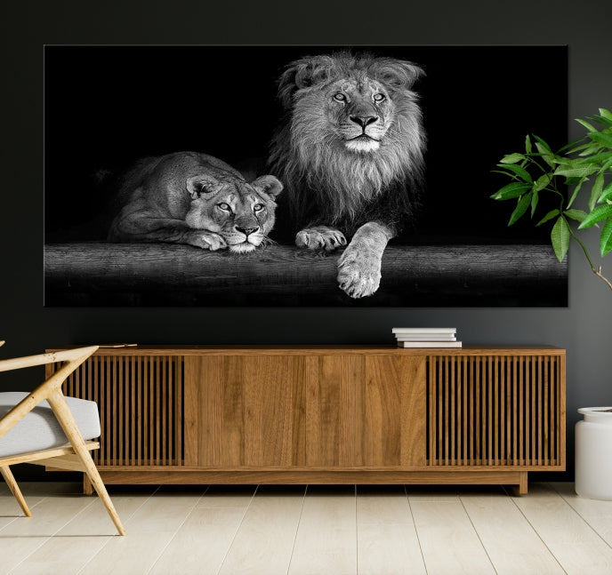 Lion Family Black and White Animal Portrait Canvas Wall Art Giclee Print