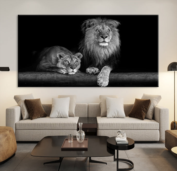 Lion Family Black and White Animal Portrait Canvas Wall Art Giclee Print