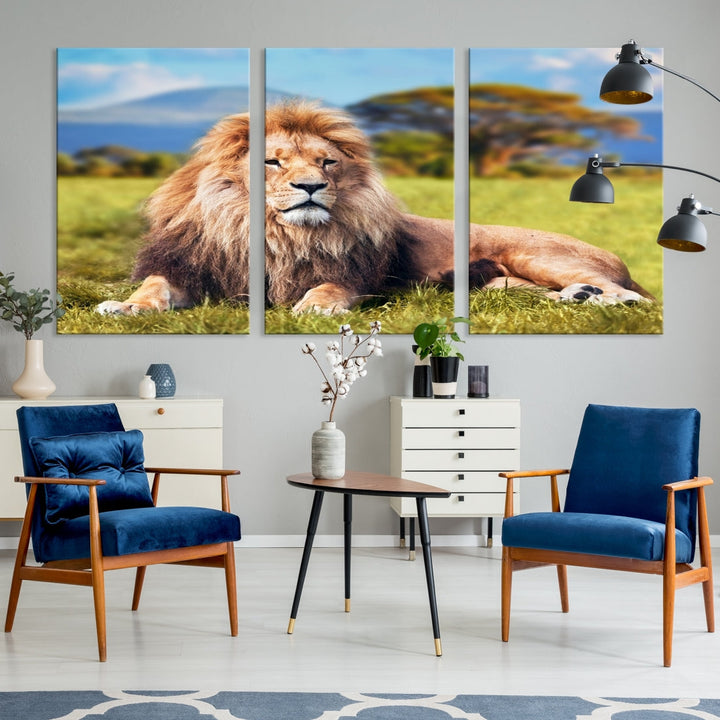 Lion on Savannah Africa Wall Art Canvas Print