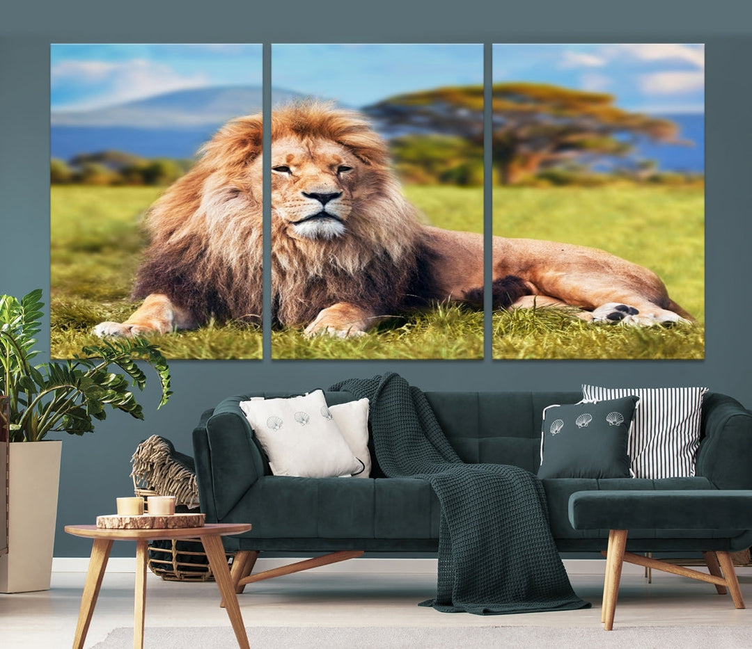 Lion on Savannah Africa Wall Art Canvas Print