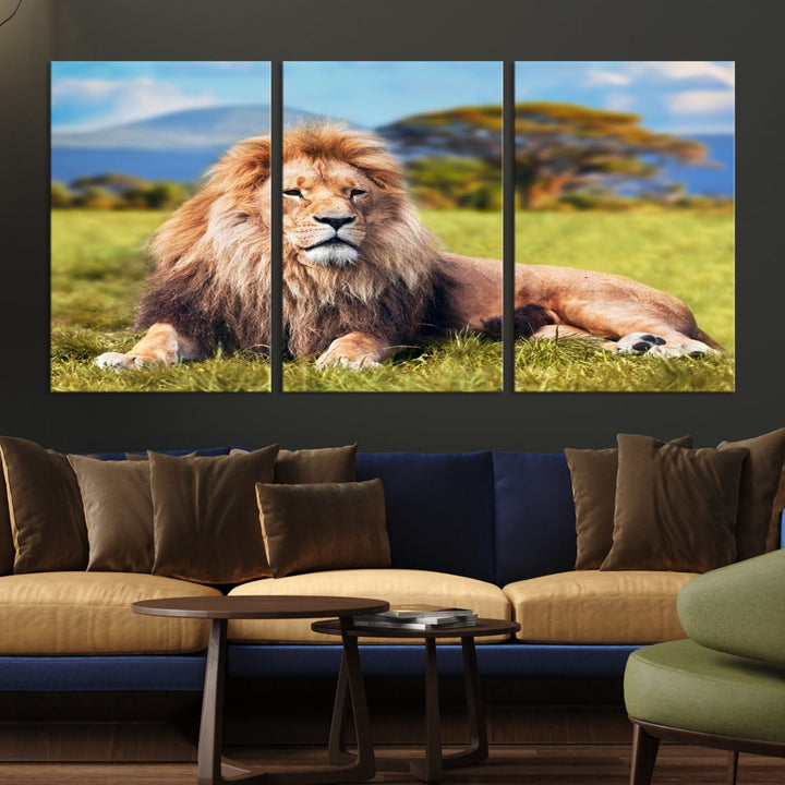 Lion on Savannah Africa Wall Art Canvas Print