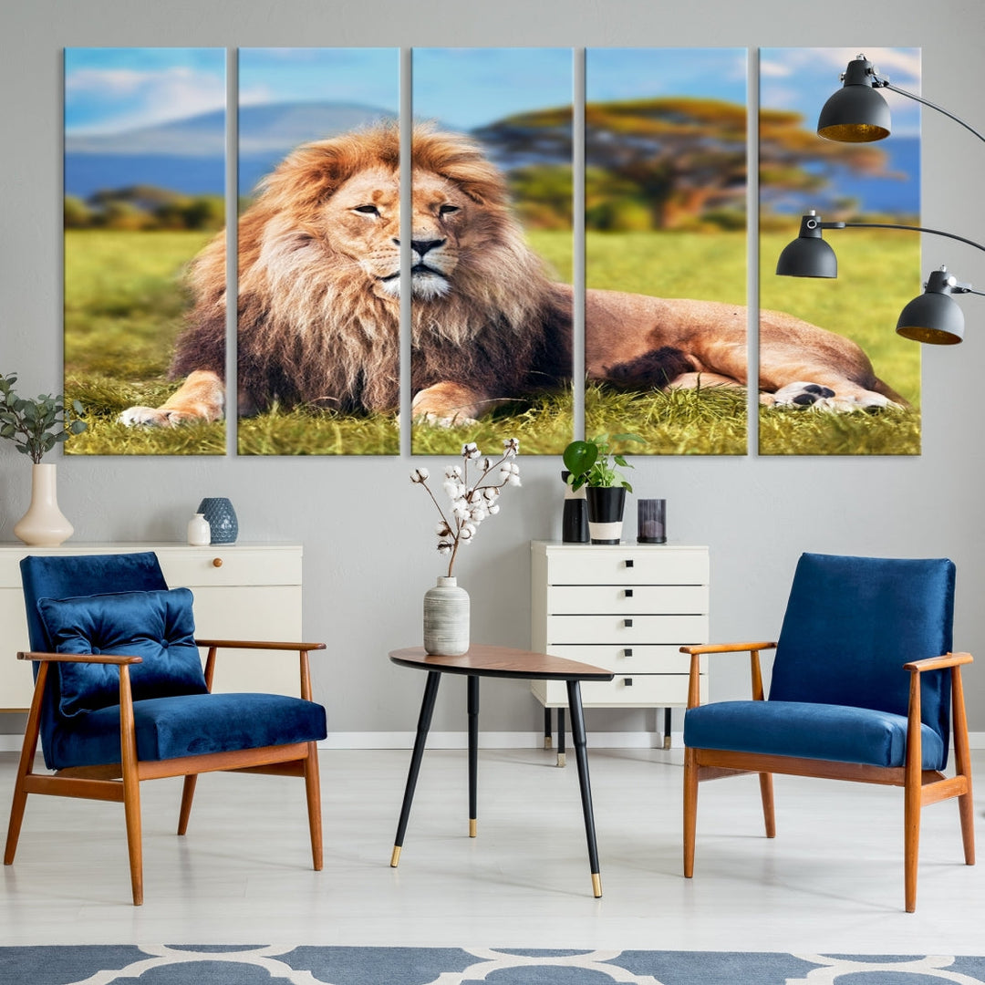 Lion on Savannah Africa Wall Art Canvas Print