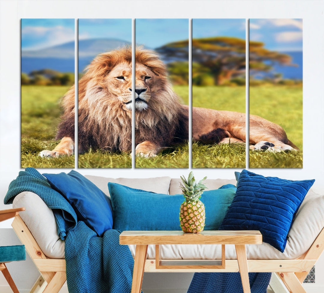 Lion on Savannah Africa Wall Art Canvas Print