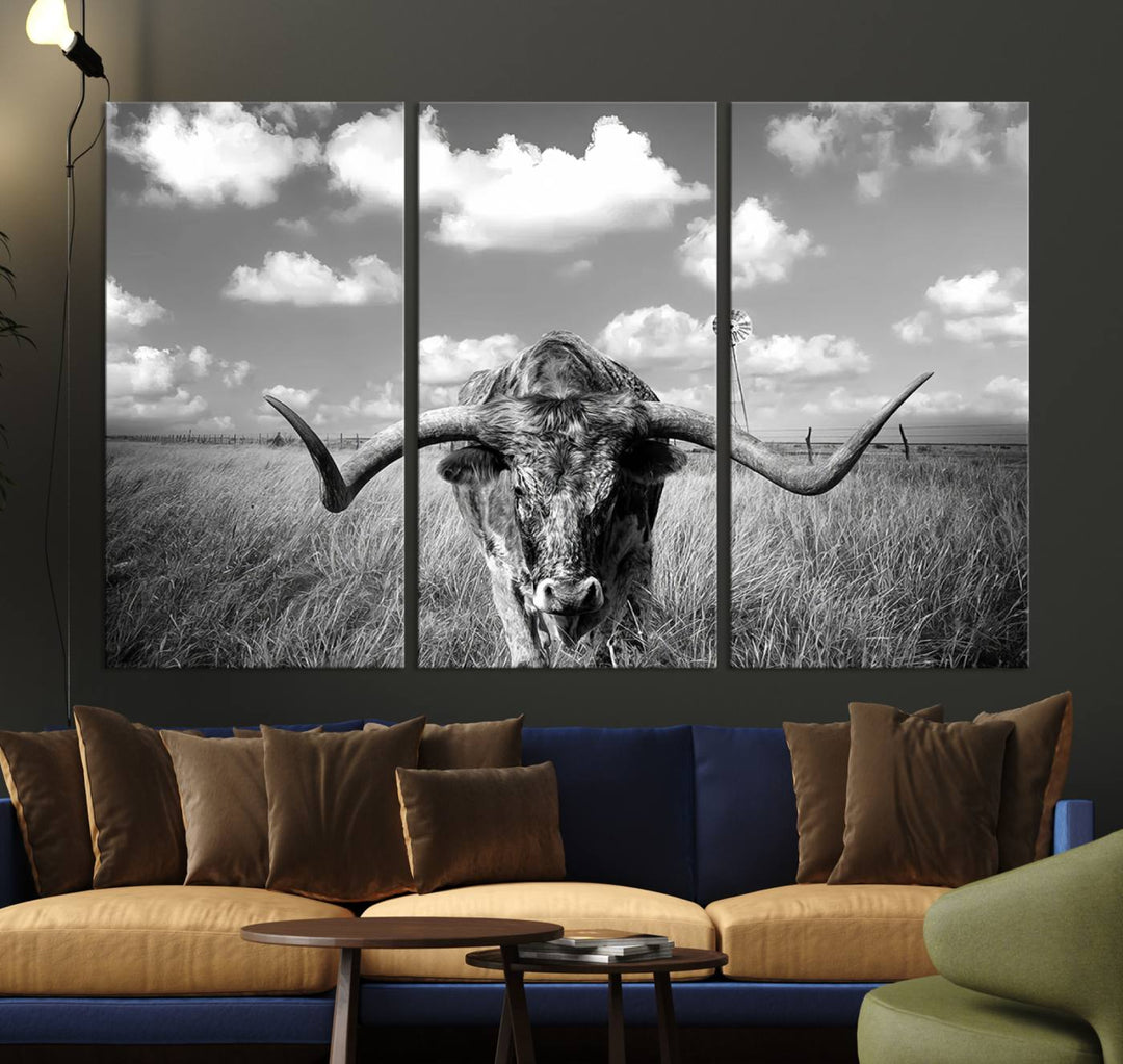 Longhorn Cow Field Wall Art Canvas Print