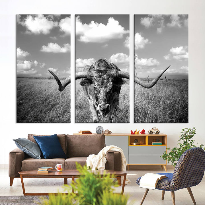 Longhorn Cow Field Wall Art Canvas Print