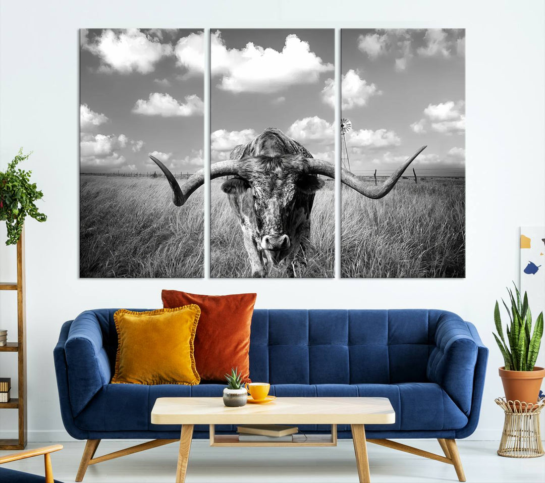 Longhorn Cow Field Wall Art Canvas Print