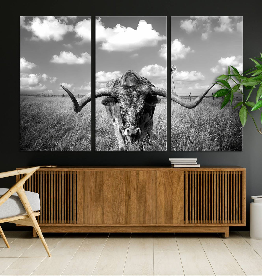 Longhorn Cow Field Wall Art Canvas Print