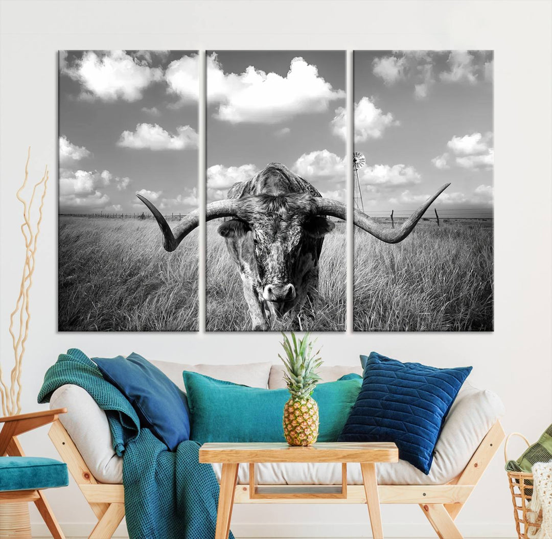 Longhorn Cow Field Wall Art Canvas Print