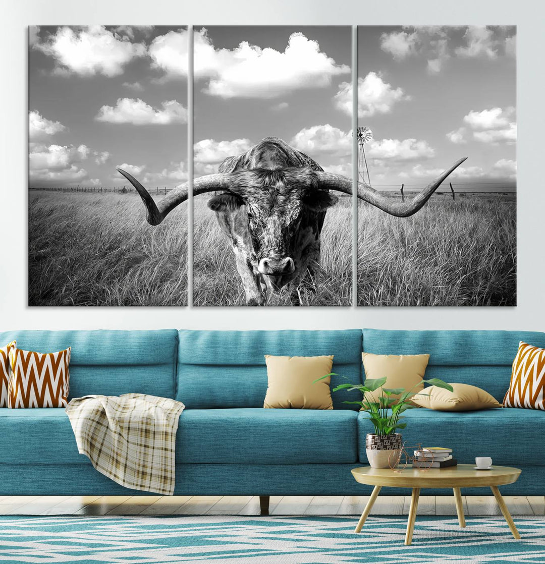 Longhorn Cow Field Wall Art Canvas Print