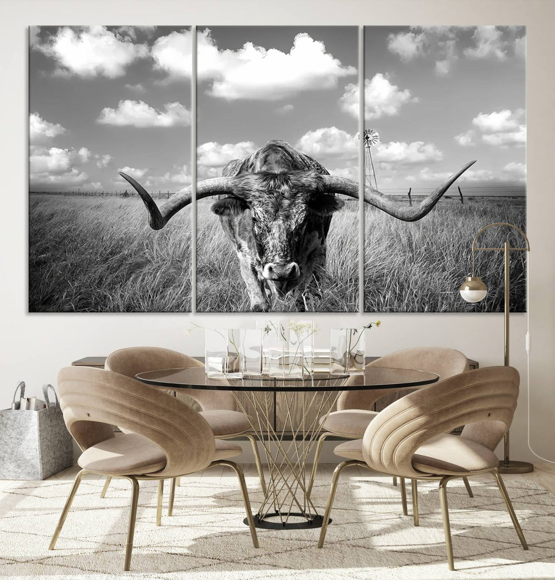 Longhorn Cow Field Wall Art Canvas Print