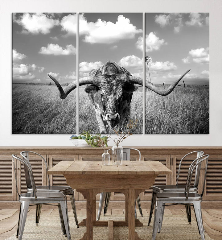 Longhorn Cow Field Wall Art Canvas Print