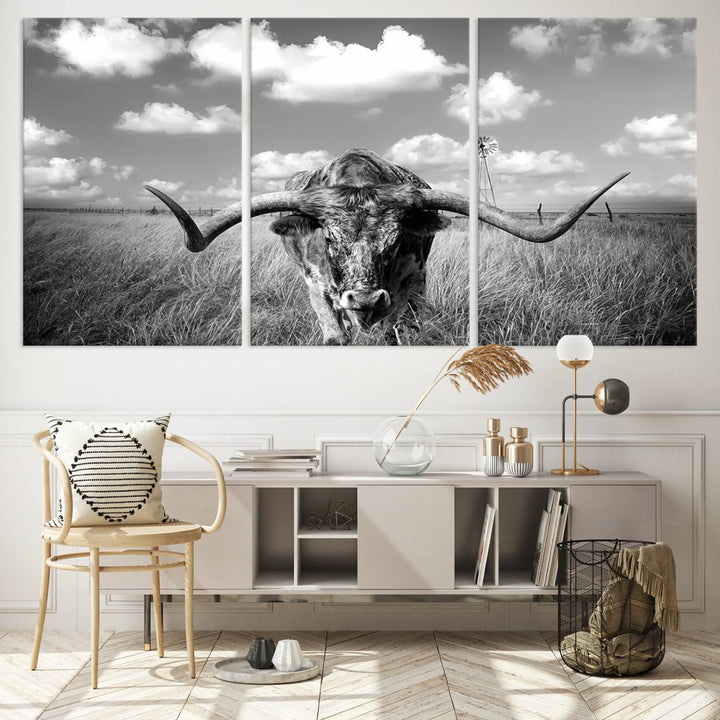 Longhorn Cow Field Wall Art Canvas Print