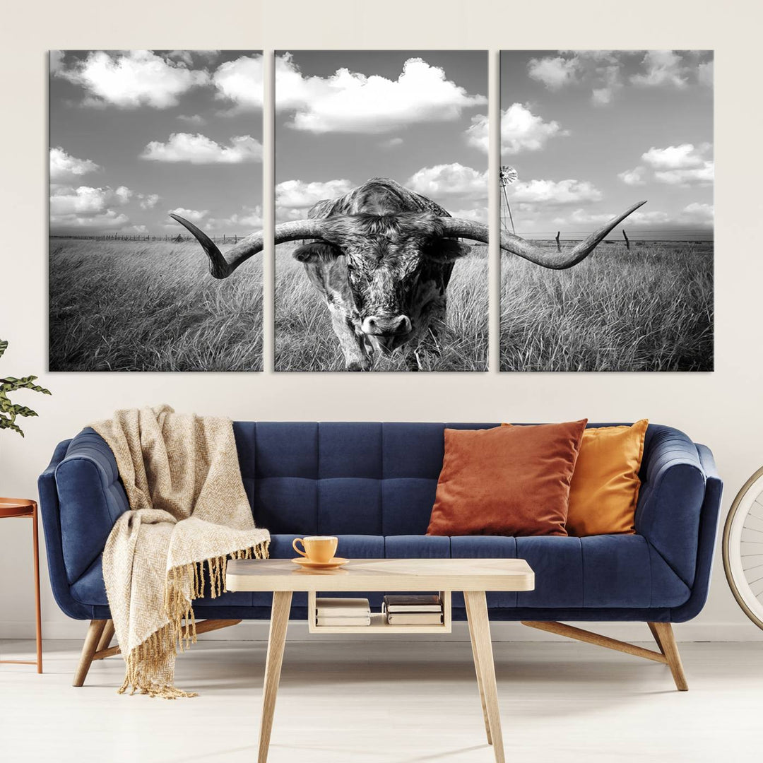 Longhorn Cow Field Wall Art Canvas Print