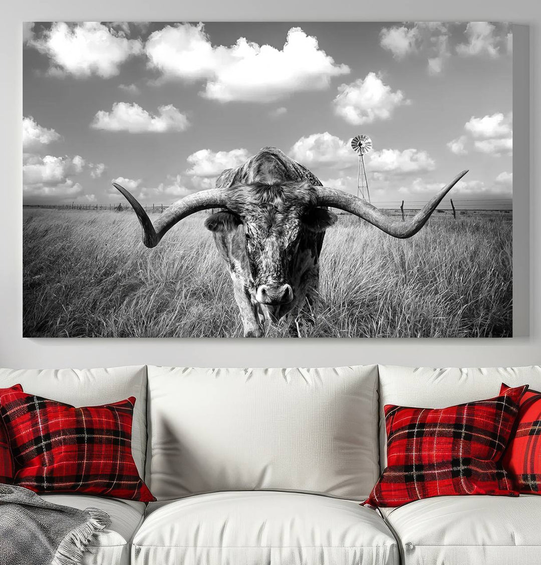 Longhorn Cow Field Wall Art Canvas Print