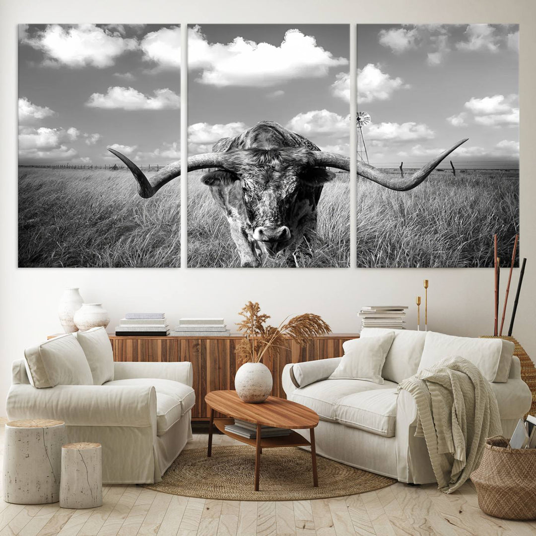 Longhorn Cow Field Wall Art Canvas Print