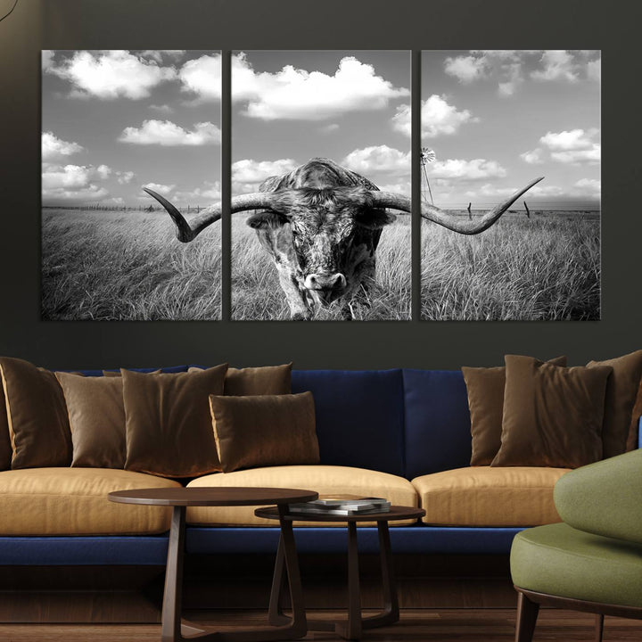 Longhorn Cow Field Wall Art Canvas Print