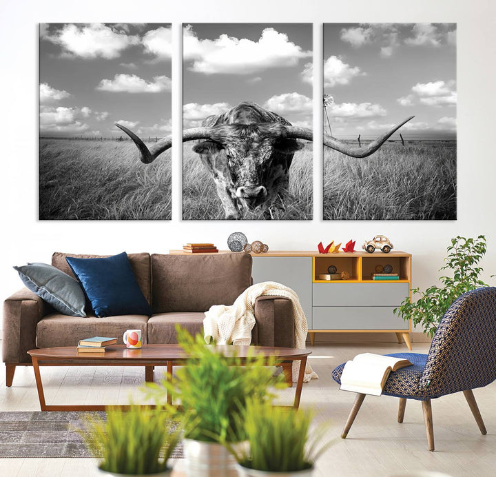 Longhorn Cow Field Wall Art Canvas Print