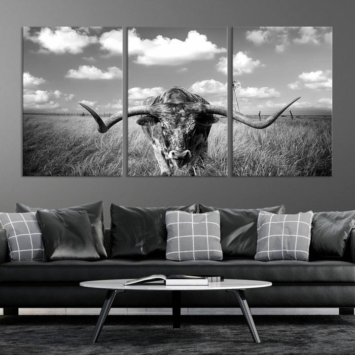 Longhorn Cow Field Wall Art Canvas Print