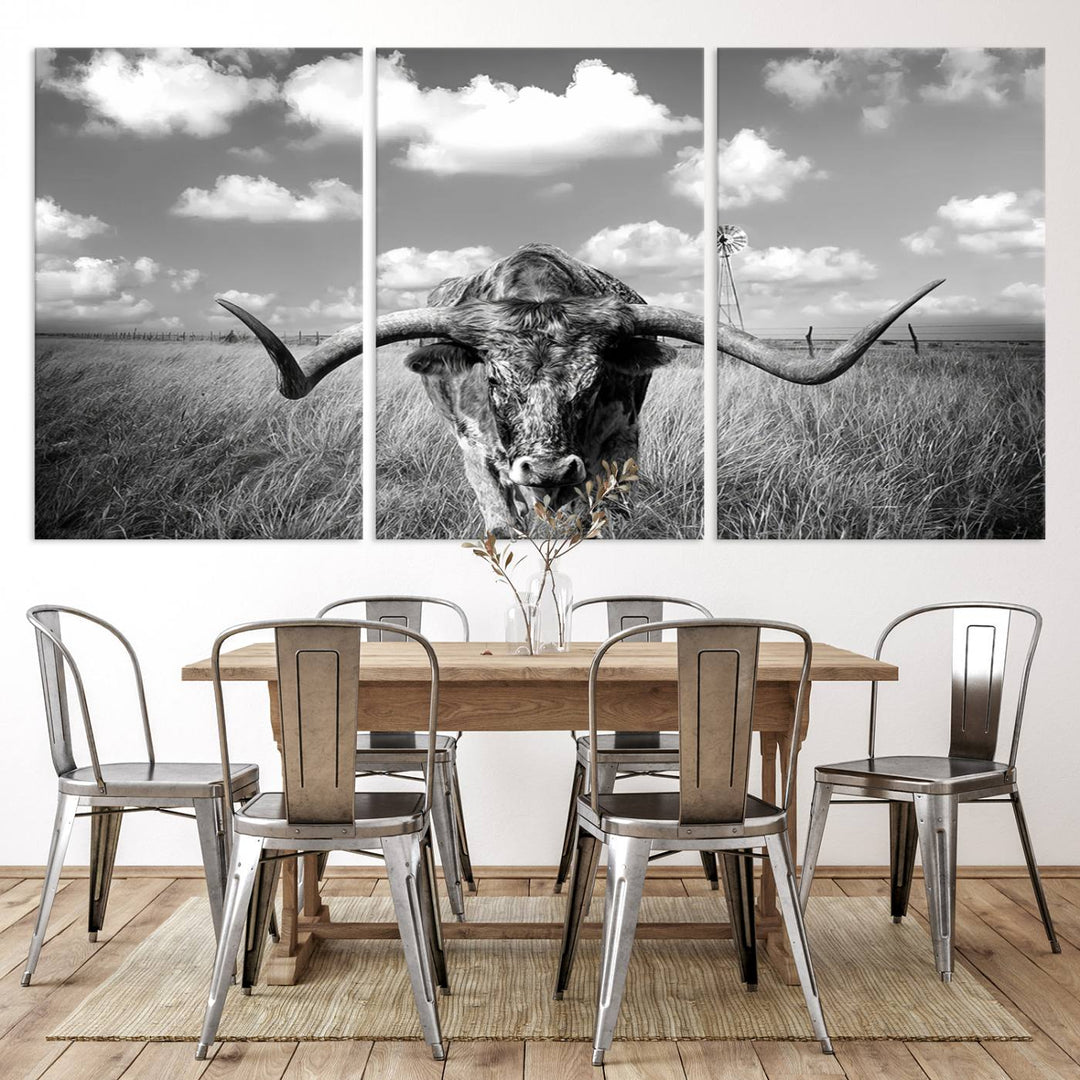 Longhorn Cow Field Wall Art Canvas Print