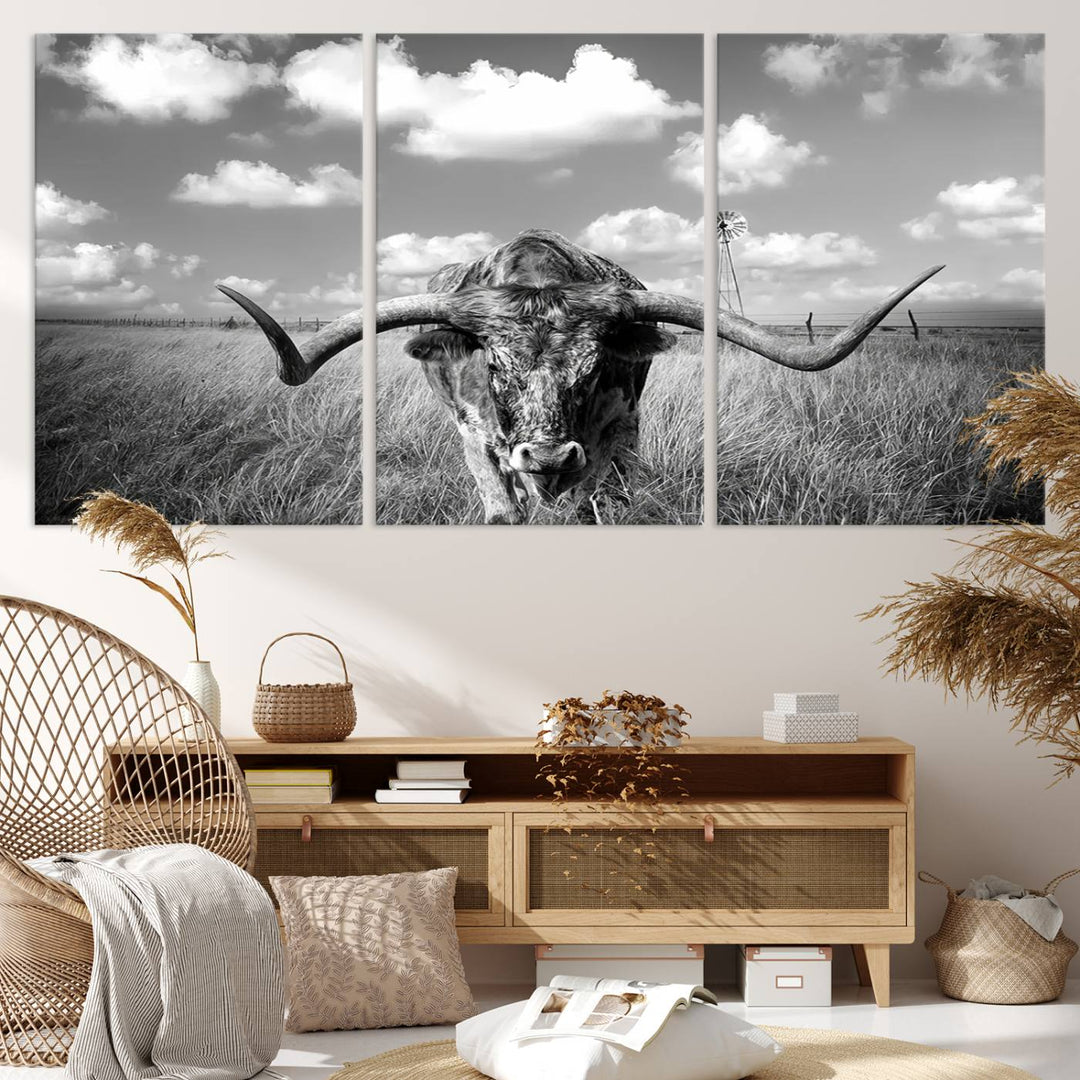 Longhorn Cow Field Wall Art Canvas Print