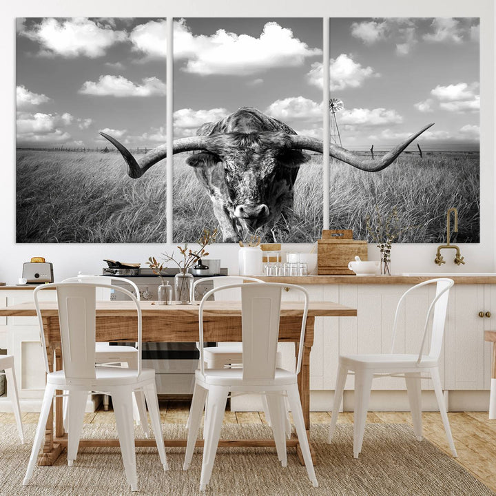 Longhorn Cow Field Wall Art Canvas Print