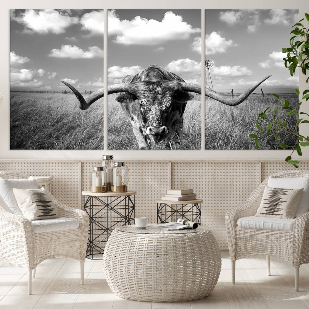 Longhorn Cow Field Wall Art Canvas Print