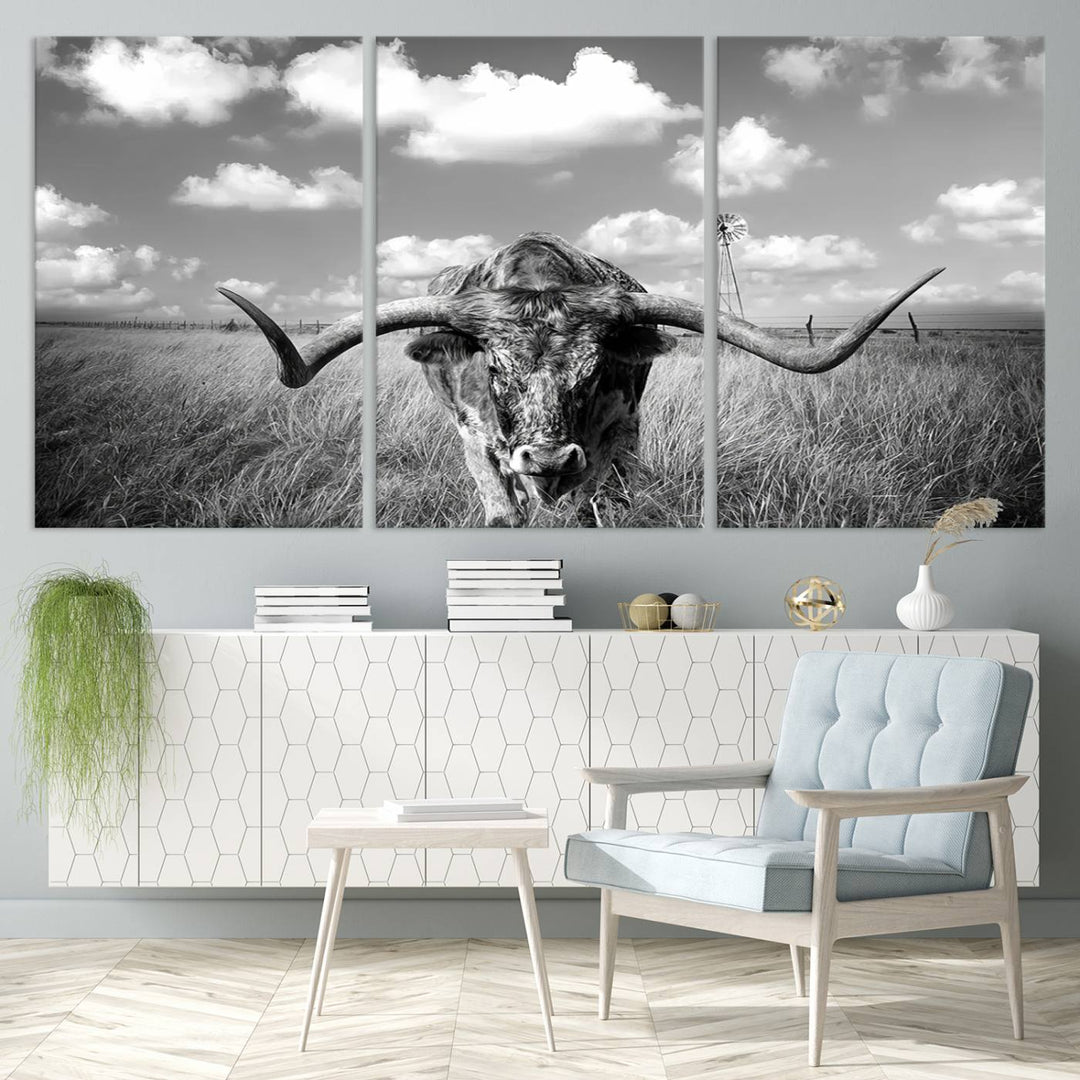 Longhorn Cow Field Wall Art Canvas Print