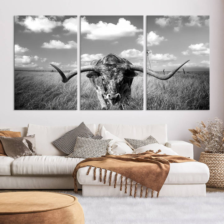 Longhorn Cow Field Wall Art Canvas Print