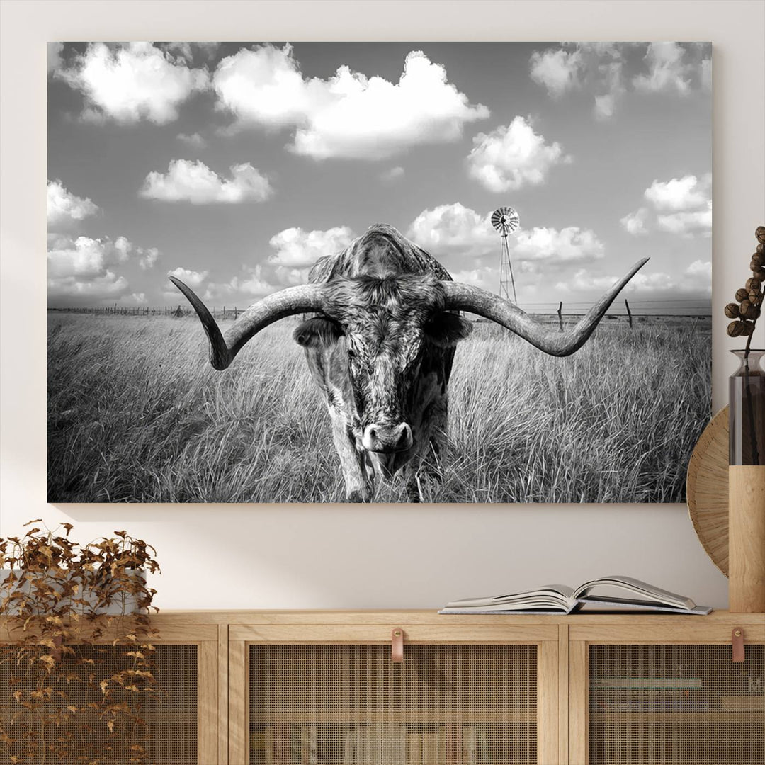 Longhorn Cow Field Wall Art Canvas Print