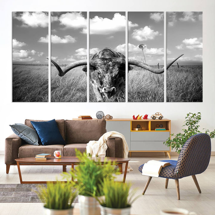 Longhorn Cow Field Wall Art Canvas Print