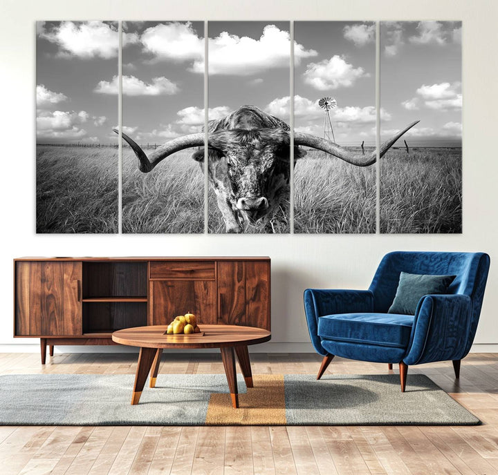 Longhorn Cow Field Wall Art Canvas Print