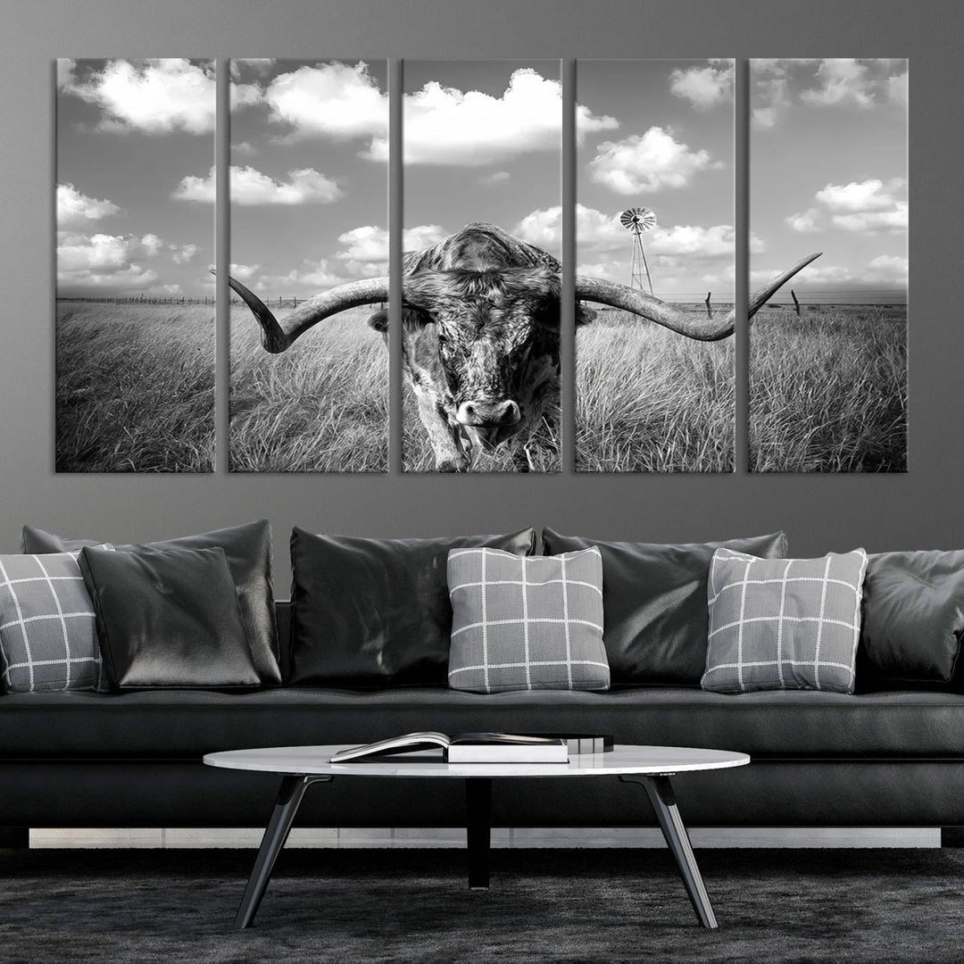 Longhorn Cow Field Wall Art Canvas Print