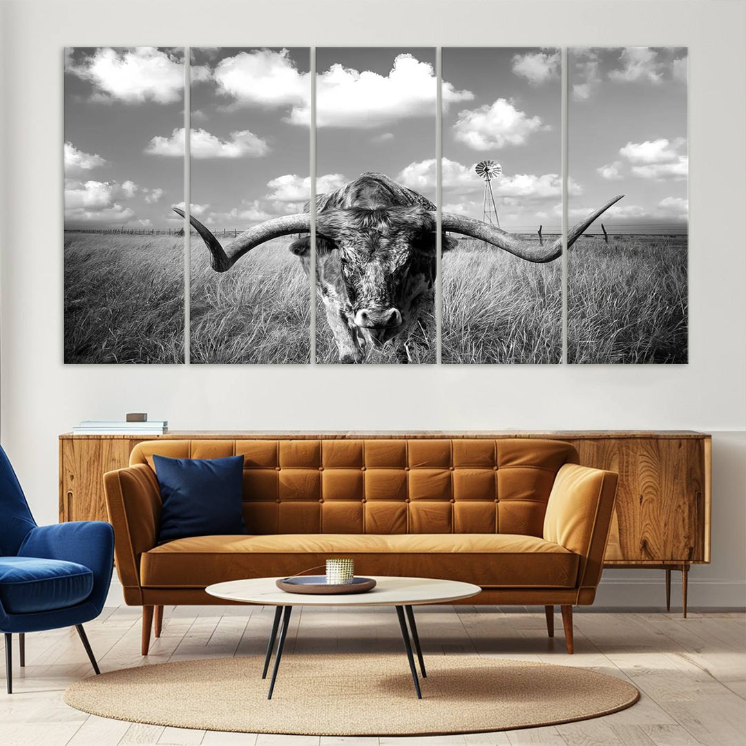 Longhorn Cow Field Wall Art Canvas Print