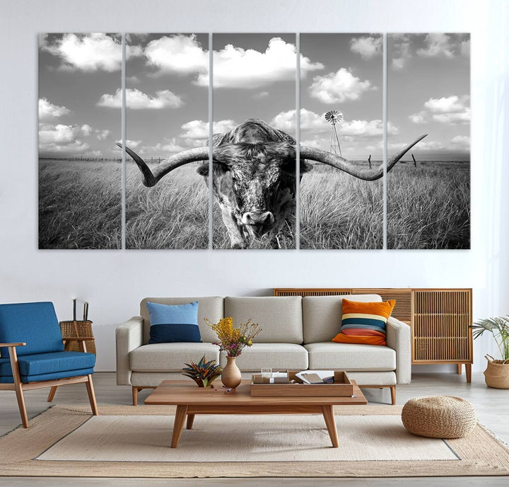 Longhorn Cow Field Wall Art Canvas Print