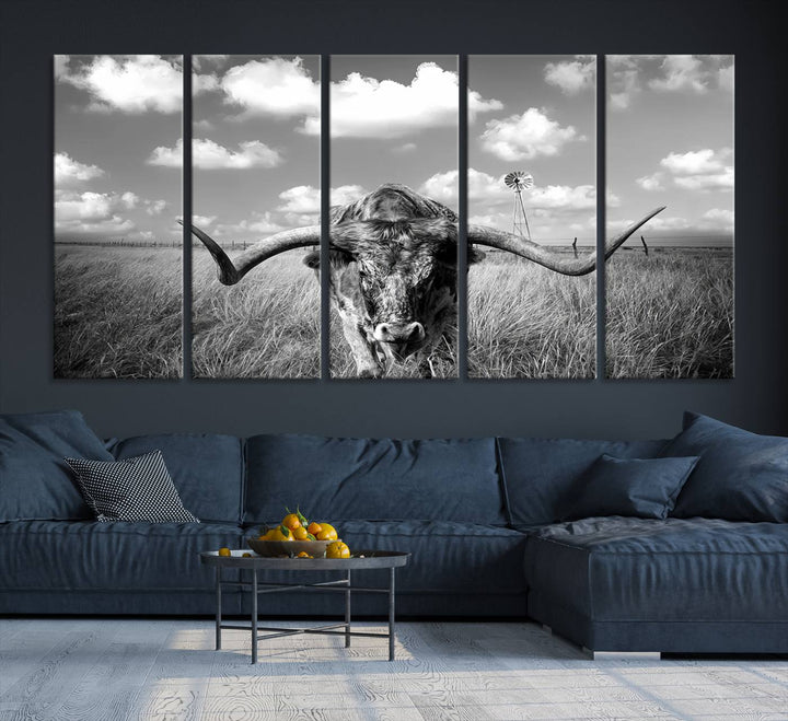 Longhorn Cow Field Wall Art Canvas Print