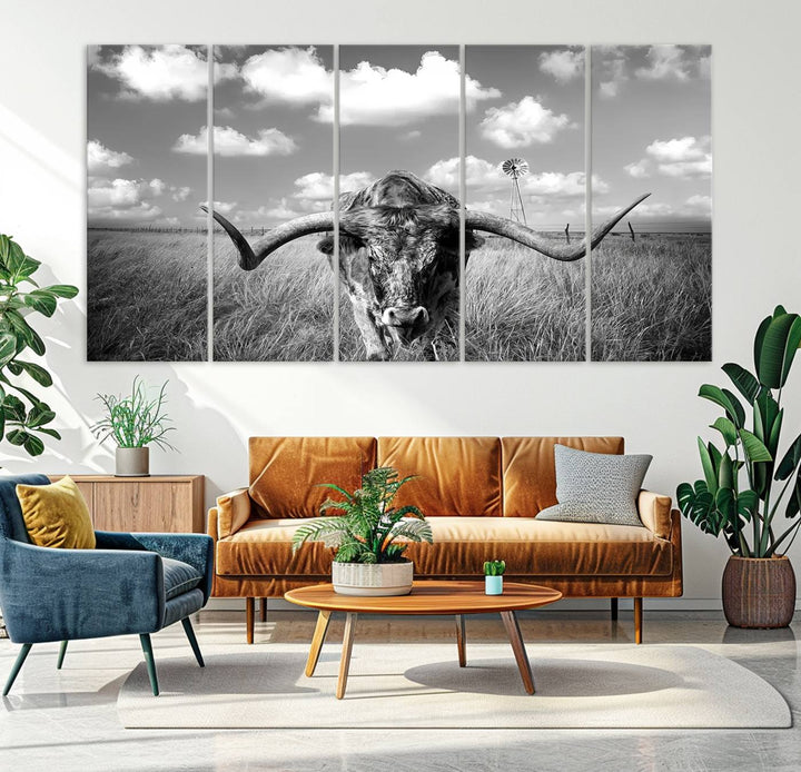 Longhorn Cow Field Wall Art Canvas Print